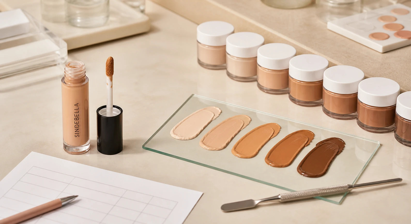 Concealer reference sample evaluation with light to deep shade swatches