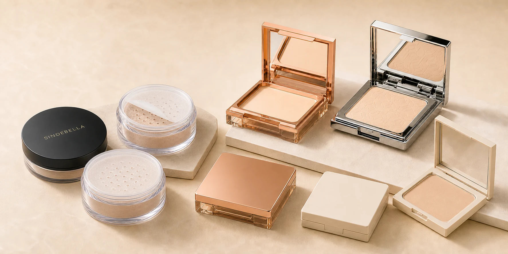 Loose powder sifter jars and two-tier pressed powder compacts