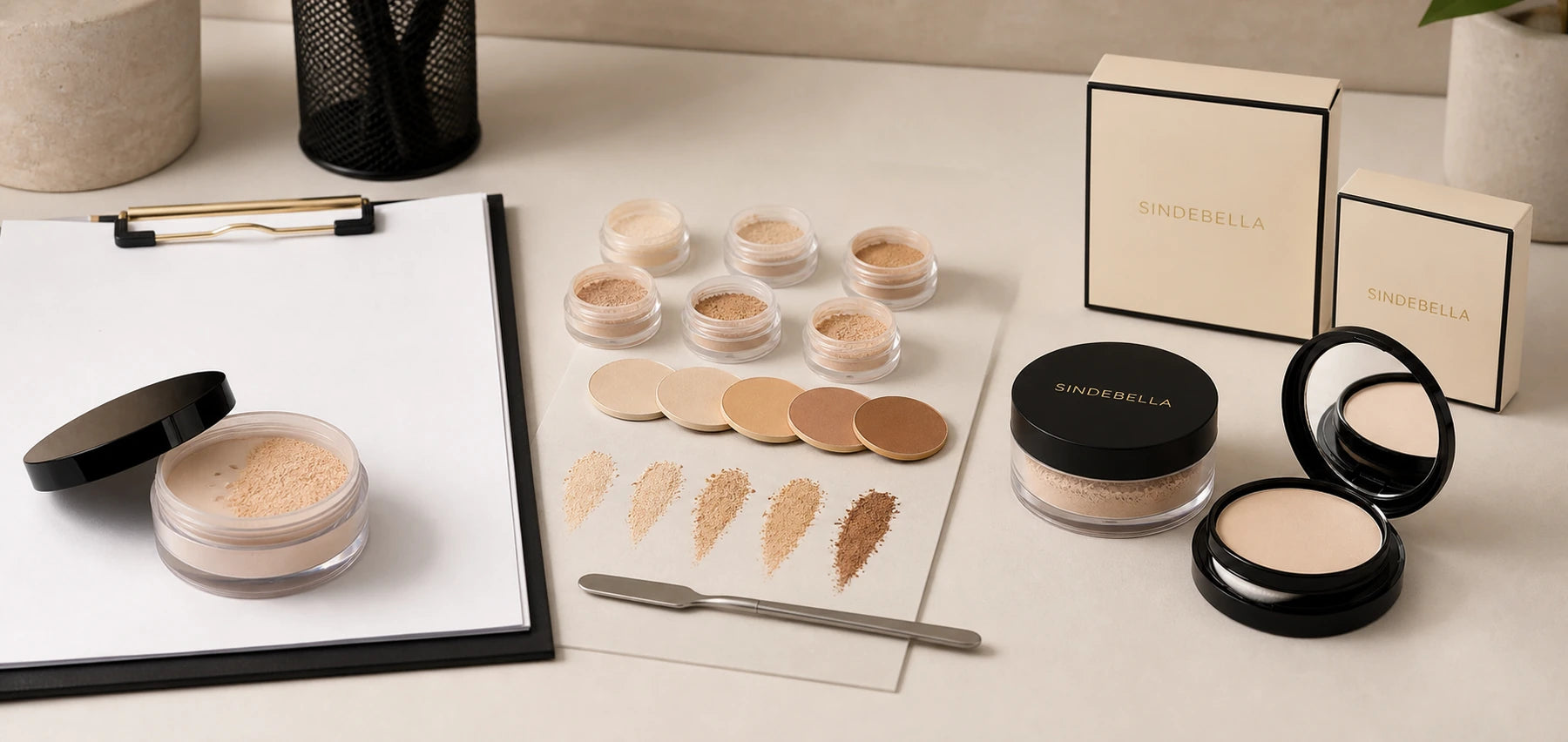 Face powder brief, shade samples and approved private label products