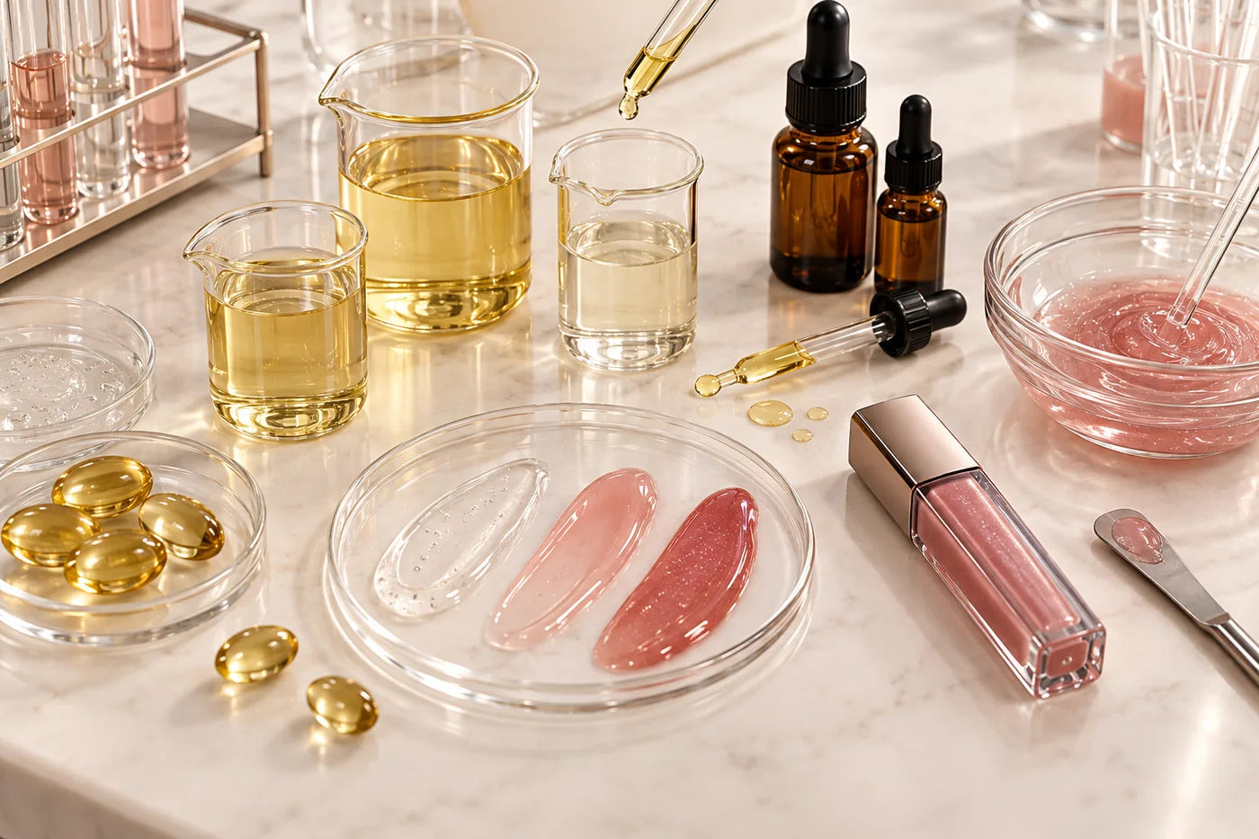 Lip gloss oils, texture samples and laboratory ingredient review