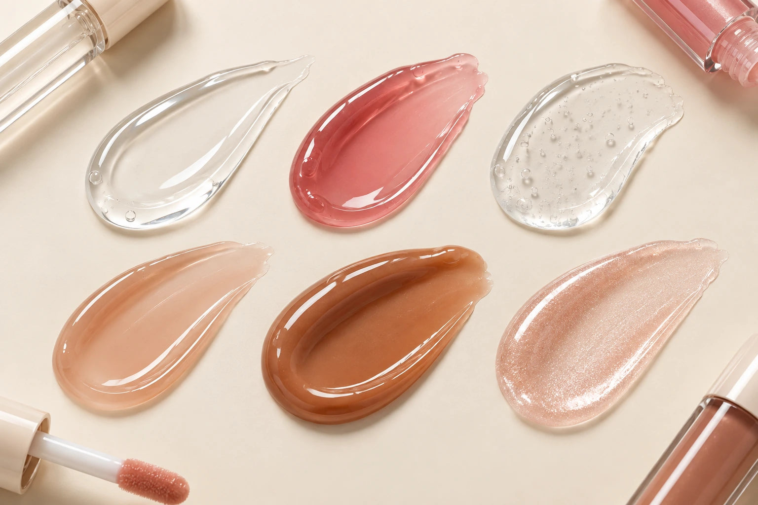 Clear, juicy, lightweight, cushion and shimmer lip gloss texture directions