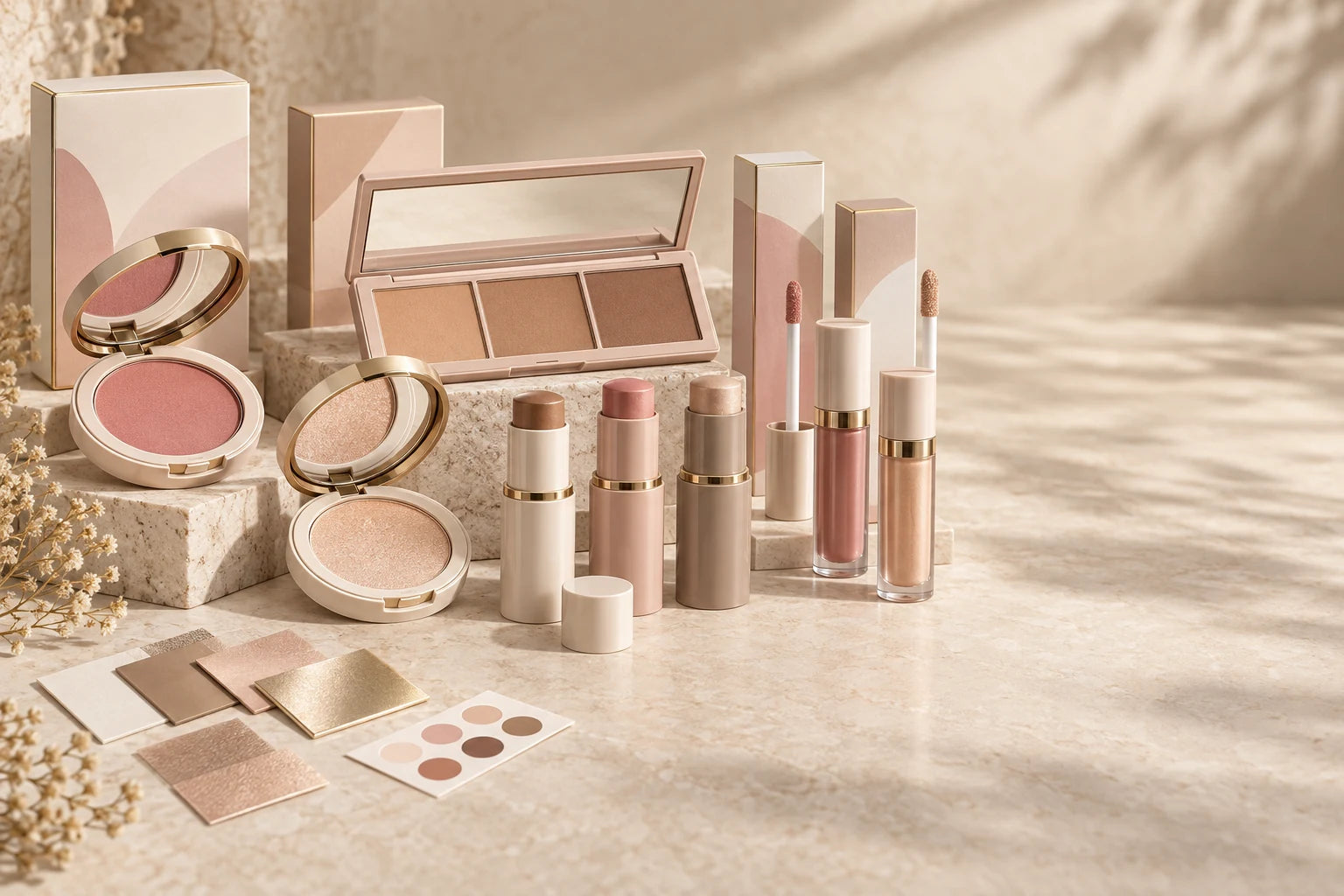 Coordinated blush highlighter and contour stock packaging and box design direction