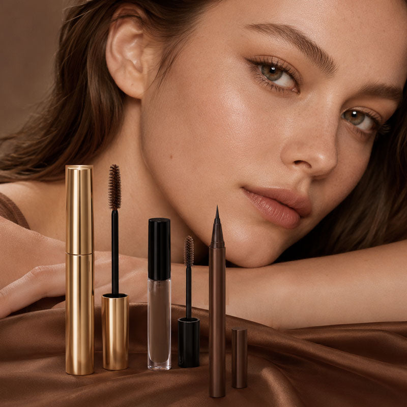 Model wearing soft brown eye makeup with brown mascara brow gel and liner