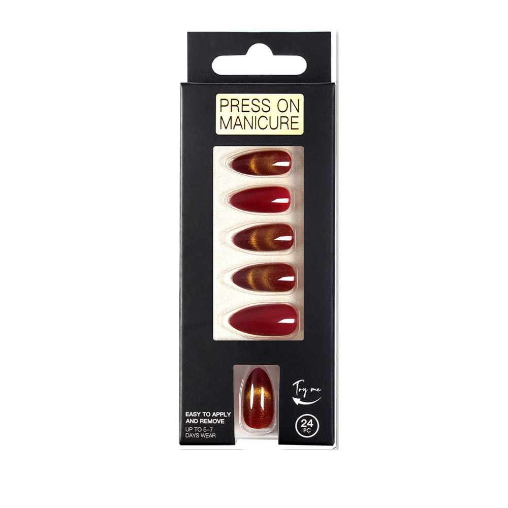 Press on Nails Medium Almond French Tip Golden Cat Eyes Effect