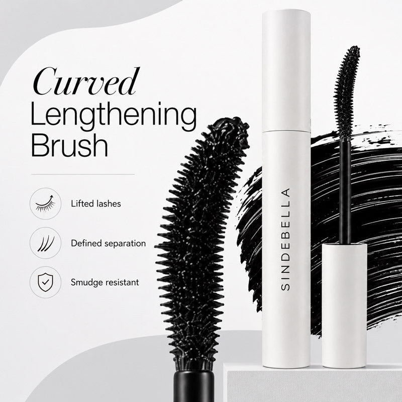 Private label lengthening mascara with curved brush and deep black formula