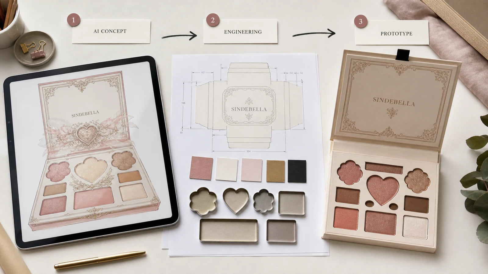 AI palette concept converted into engineering drawing and paperboard prototype