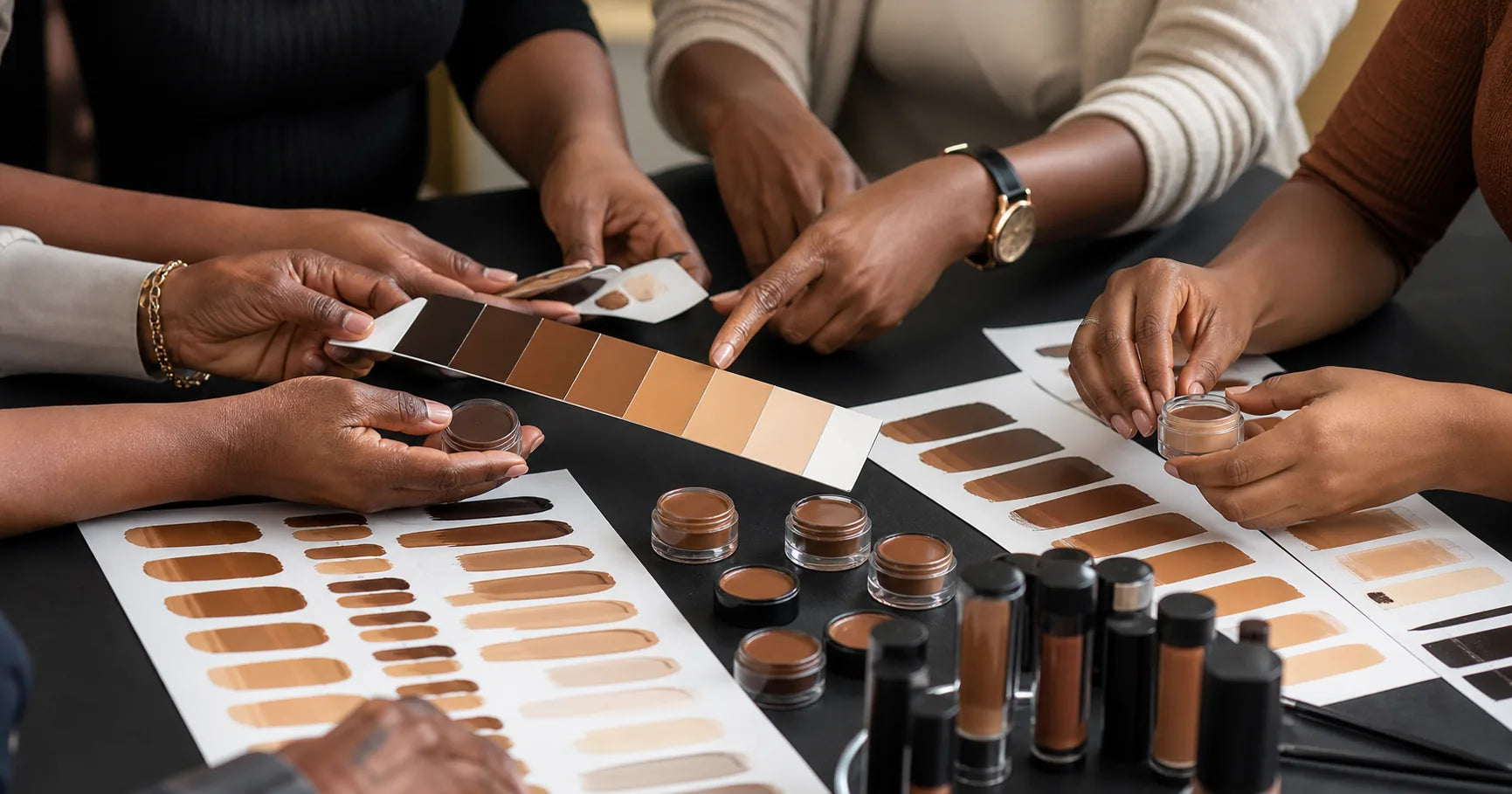 Complexion shade and undertone planning with deep foundation and concealer samples