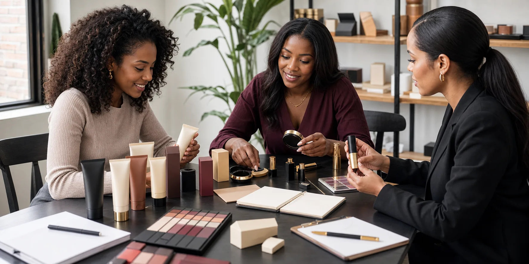 African beauty brand founders reviewing private label makeup packaging and product samples