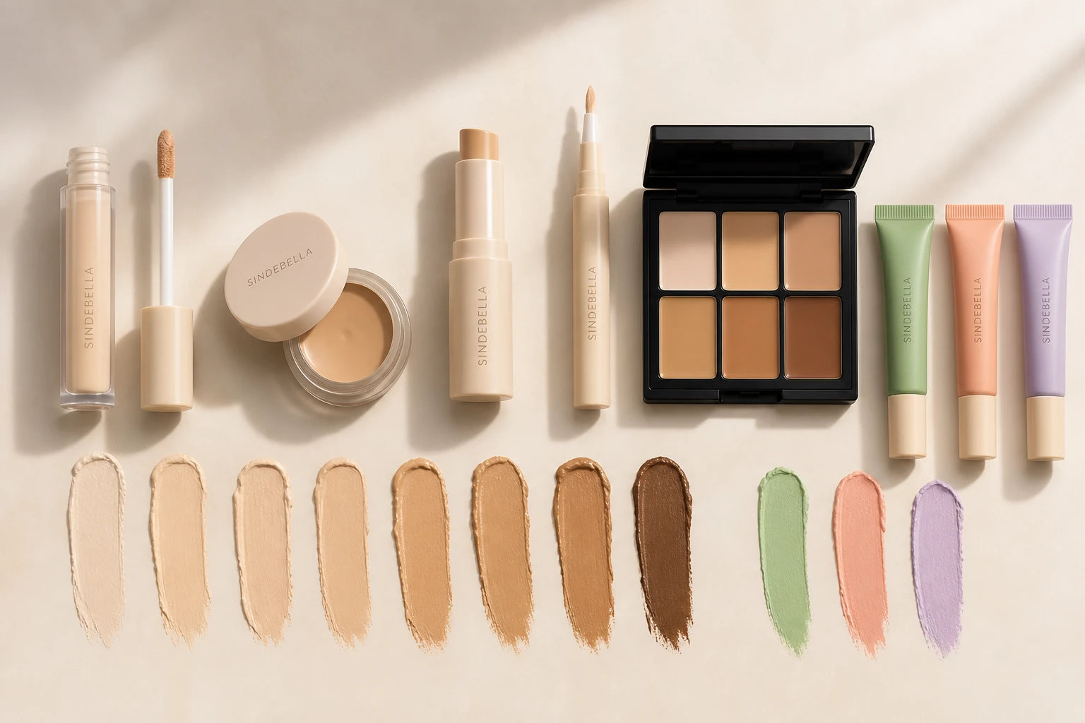 Liquid, cream, stick, pen, palette and color-correcting concealer formats with shade swatches