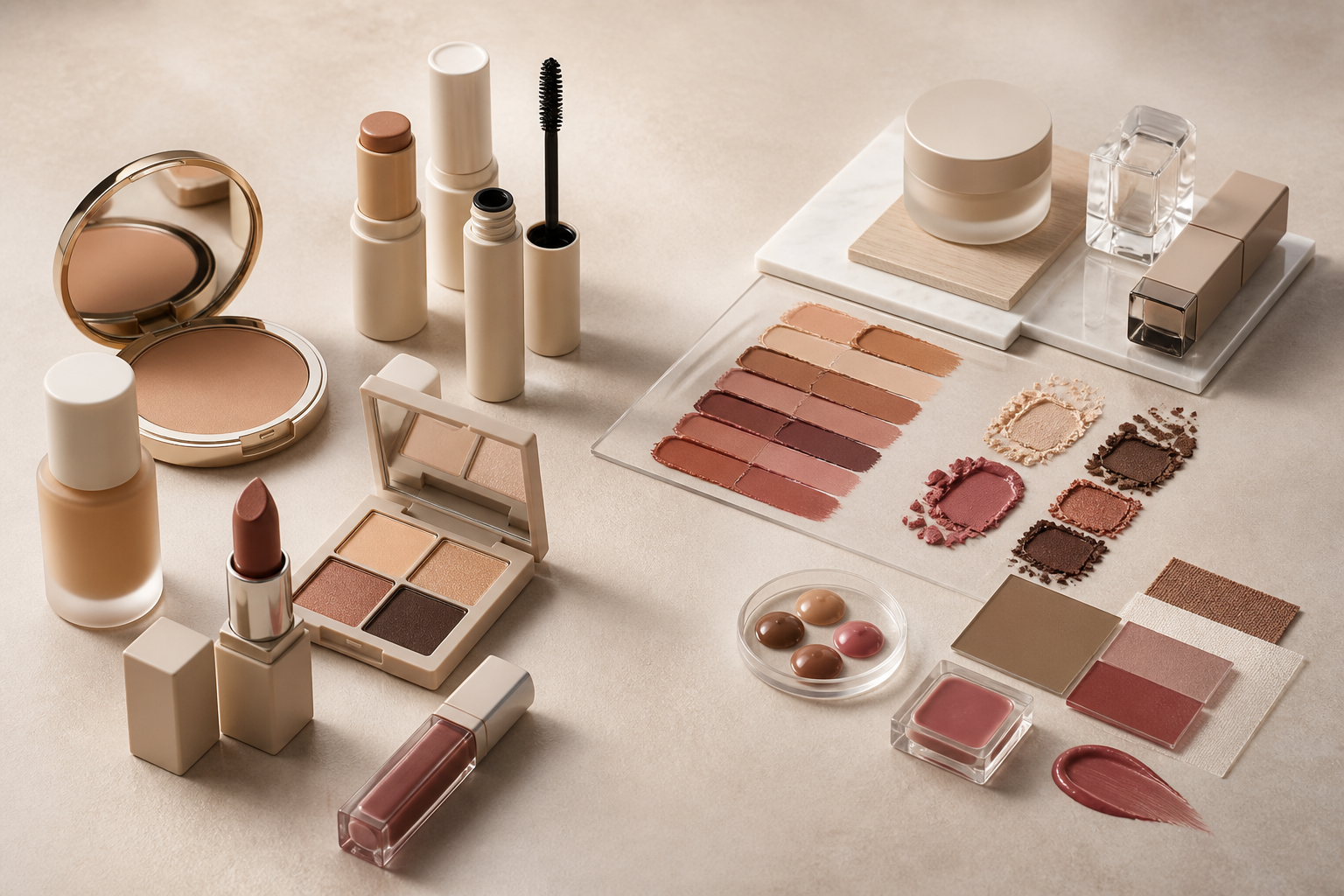 Color cosmetics product concepts with component and shade development materials