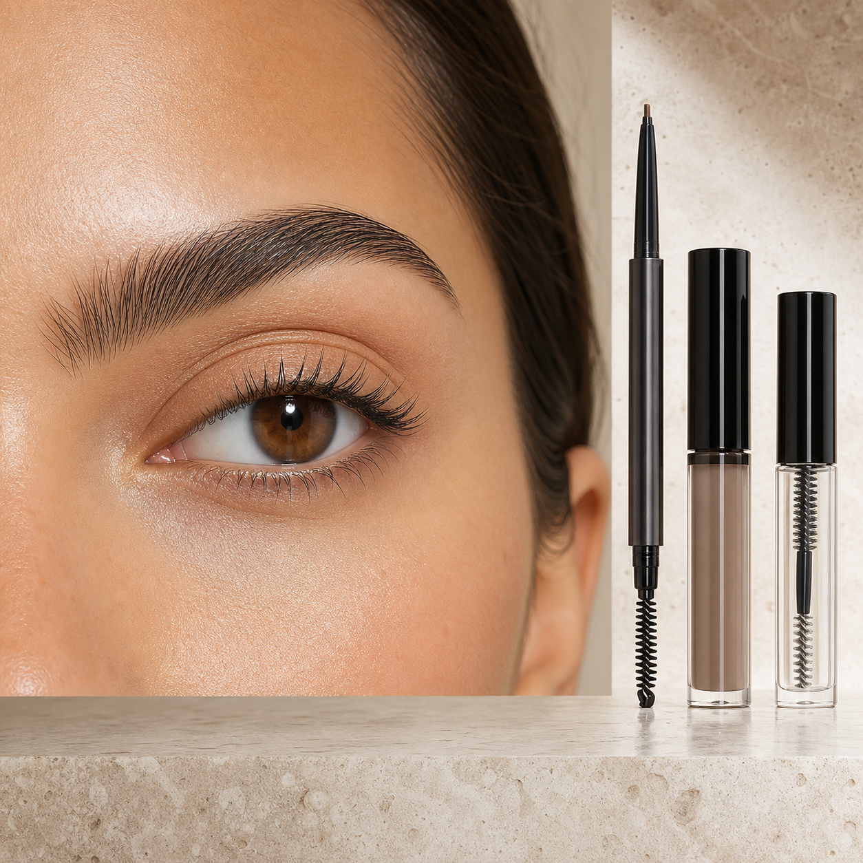 Model with naturally structured brows and brow pencil gel and setter