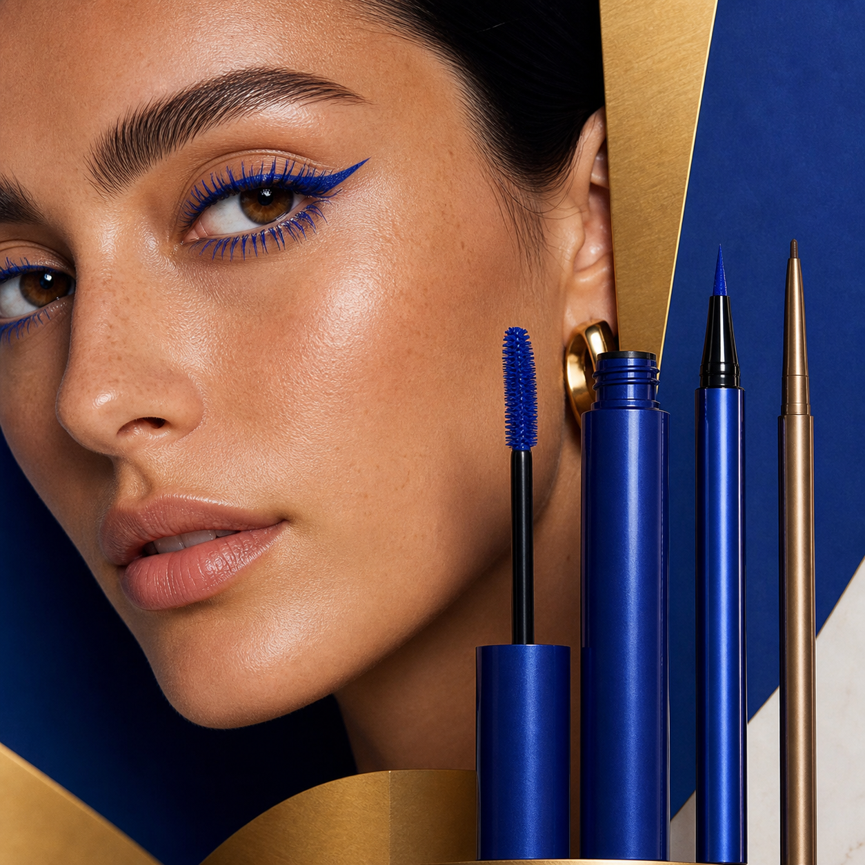 Model wearing cobalt mascara and graphic eyeliner with eye makeup products