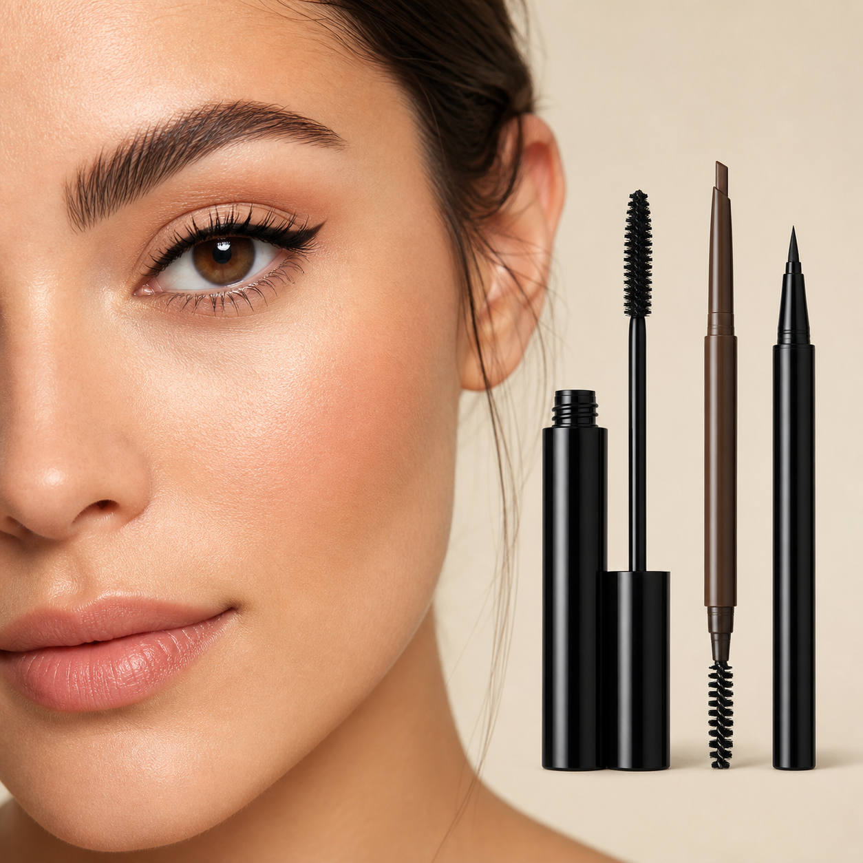 Model wearing everyday eye definition with mascara brow pencil and eyeliner