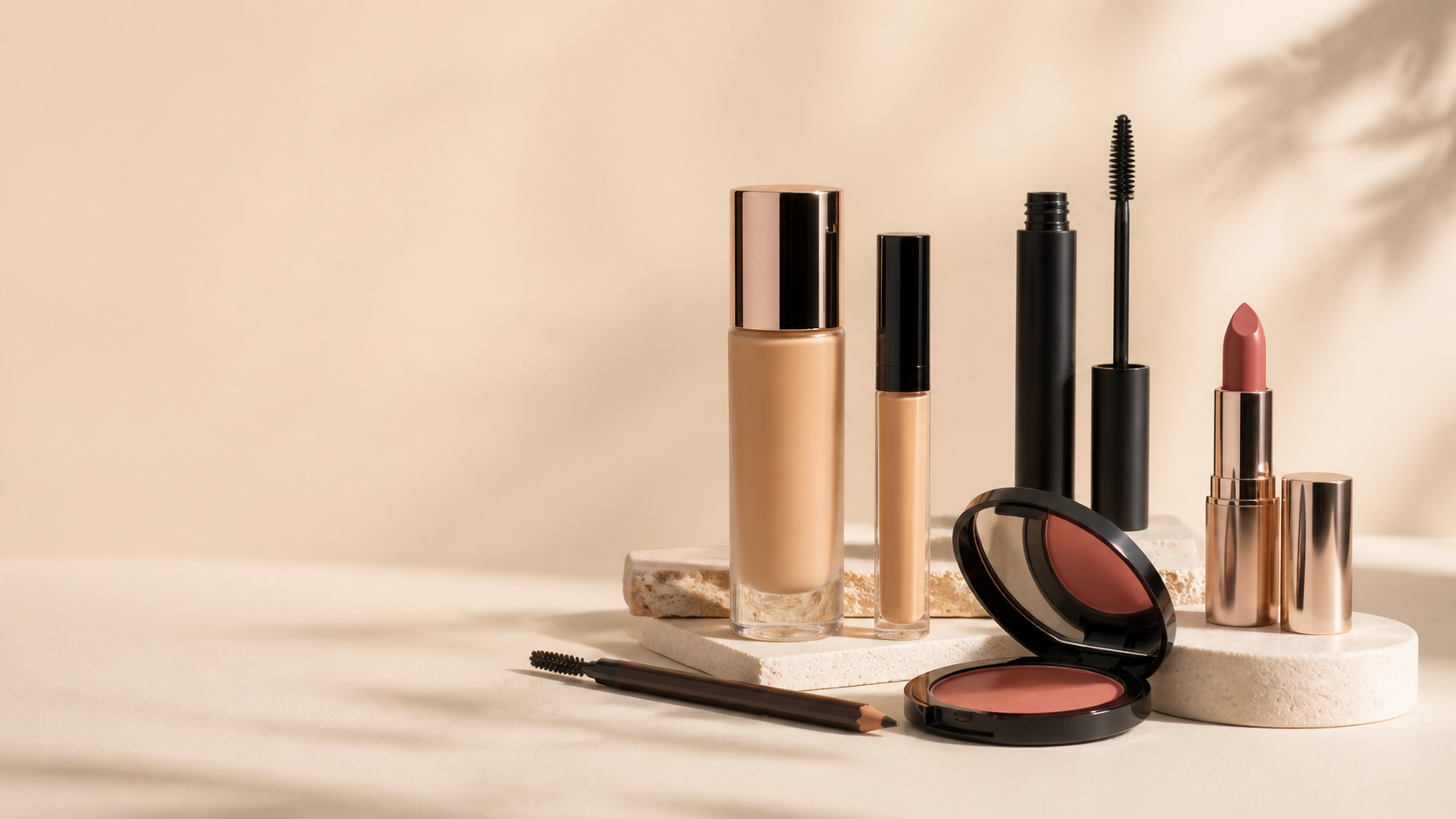 Unbranded face, eye and lip color cosmetics arranged in a studio setting