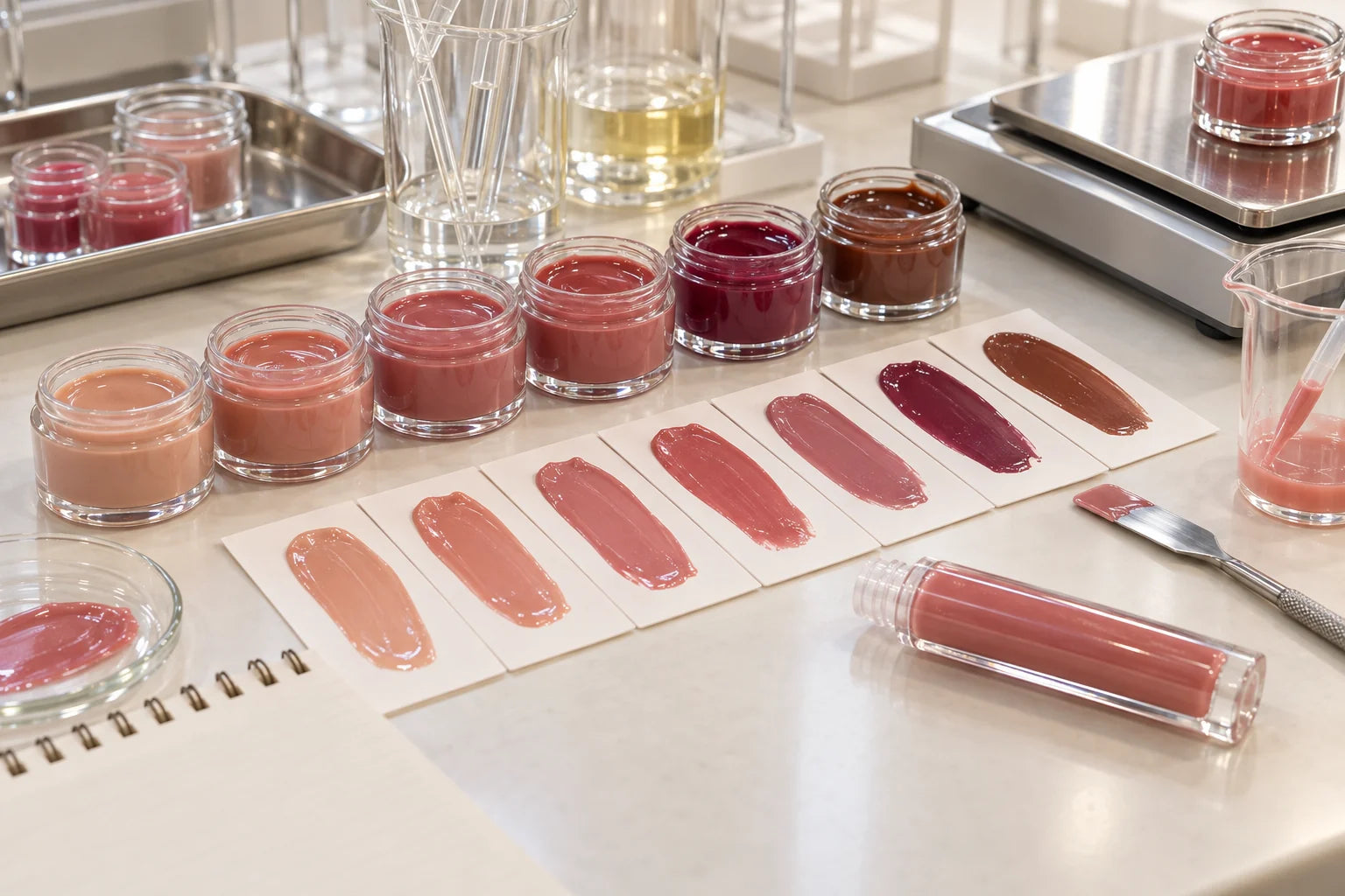 Lip gloss laboratory shade matching samples and approval swatches
