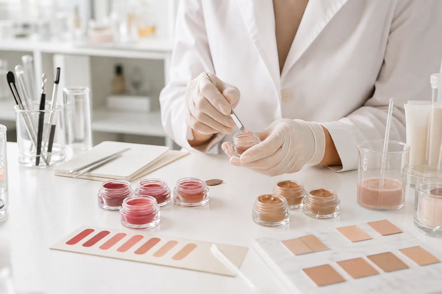 Cosmetic formulator reviewing color and texture samples