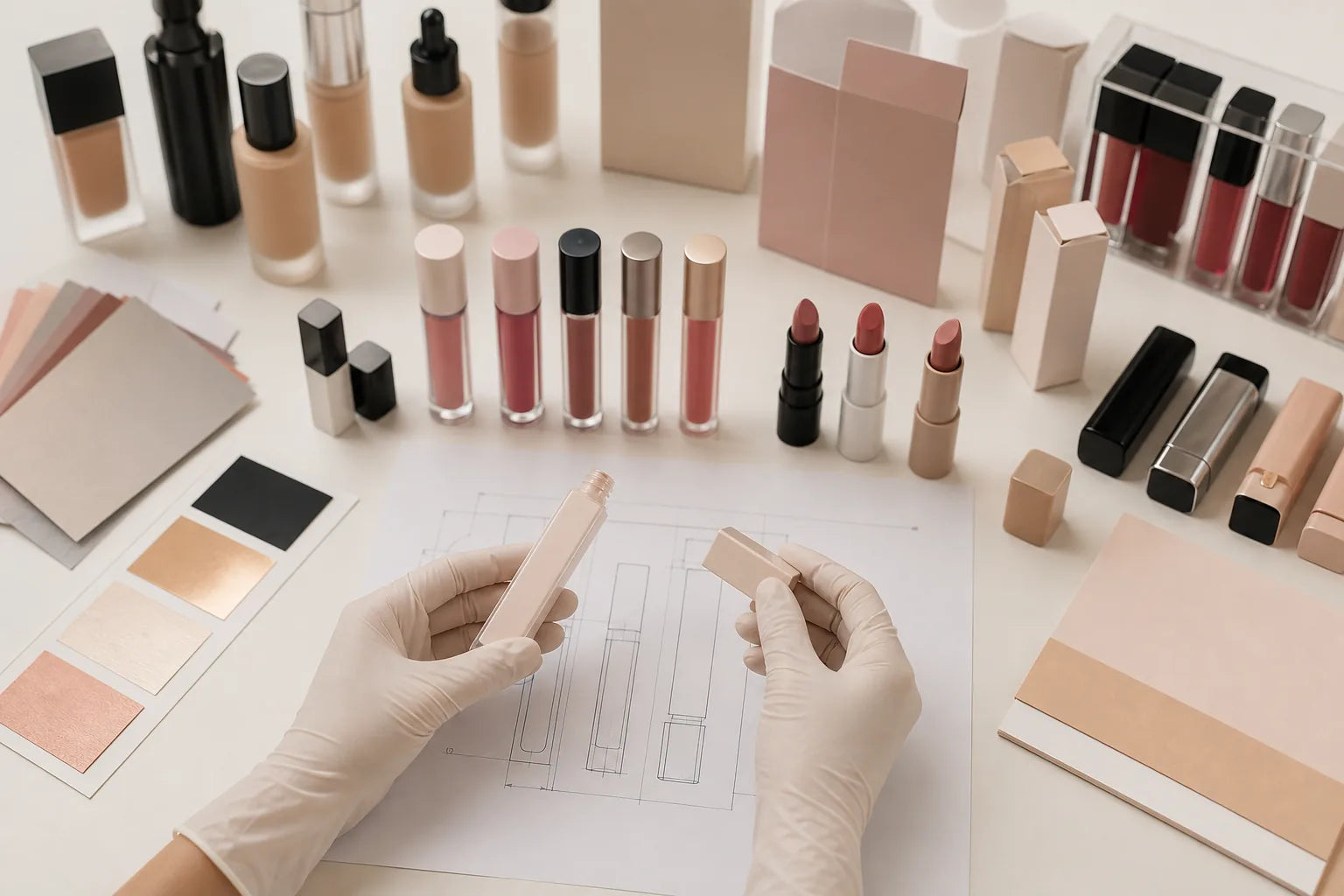 Generic cosmetic packaging components being reviewed for a sampling project