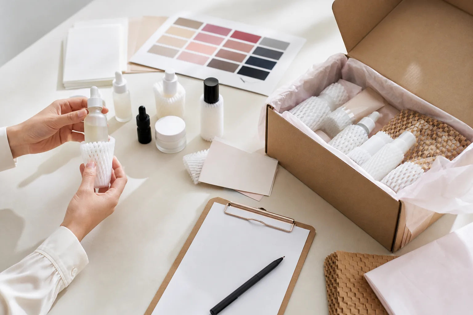 Cosmetic samples being checked and protected for shipment
